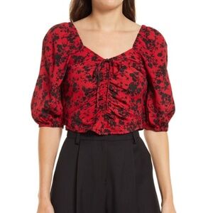 Open Edit Tie Front Puff Sleeve Crop Top Red and Black  XS Nordstrom